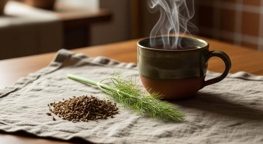 Soft outdoor setting symbolizing internal balance and the gentle support of fennel essential oil.