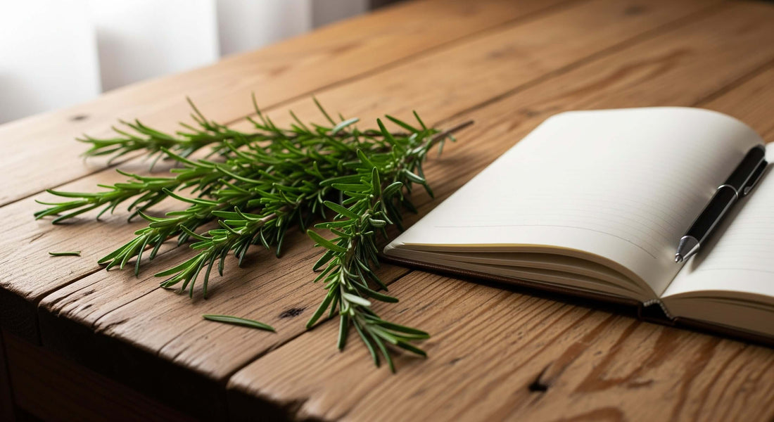 Sprig of rosemary with natural light, reflecting rosemary’s role in tradition, memory, and scent rituals.